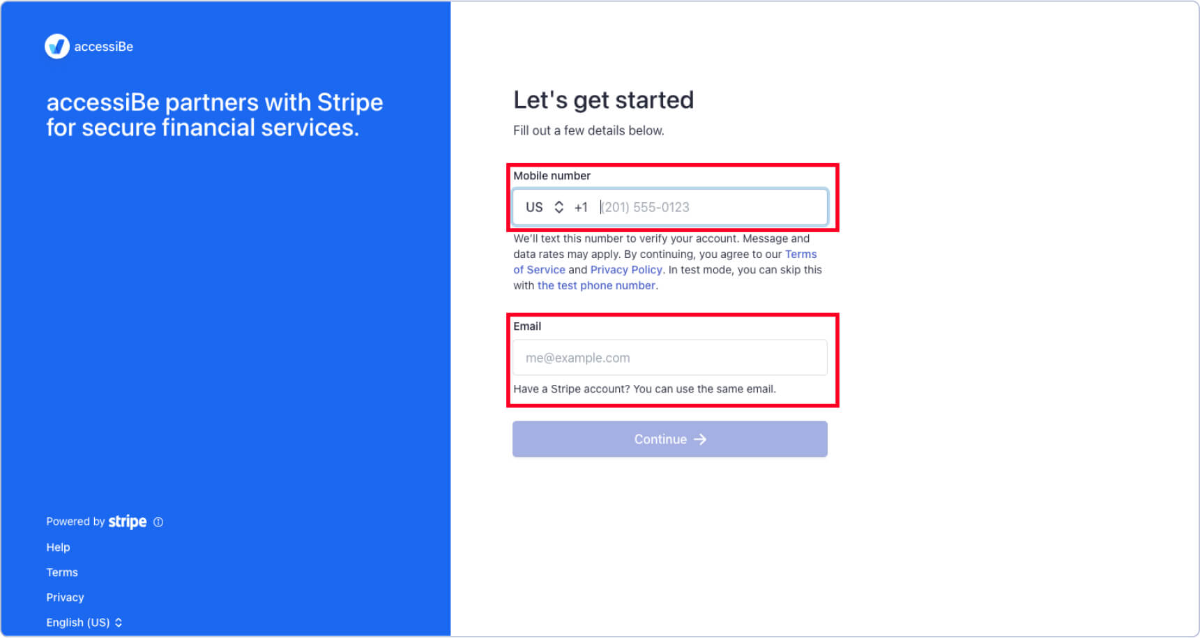 Screenshot of the first step to set up you Stripe account - Verify your phone number - highlighting the add mobile number and email sections